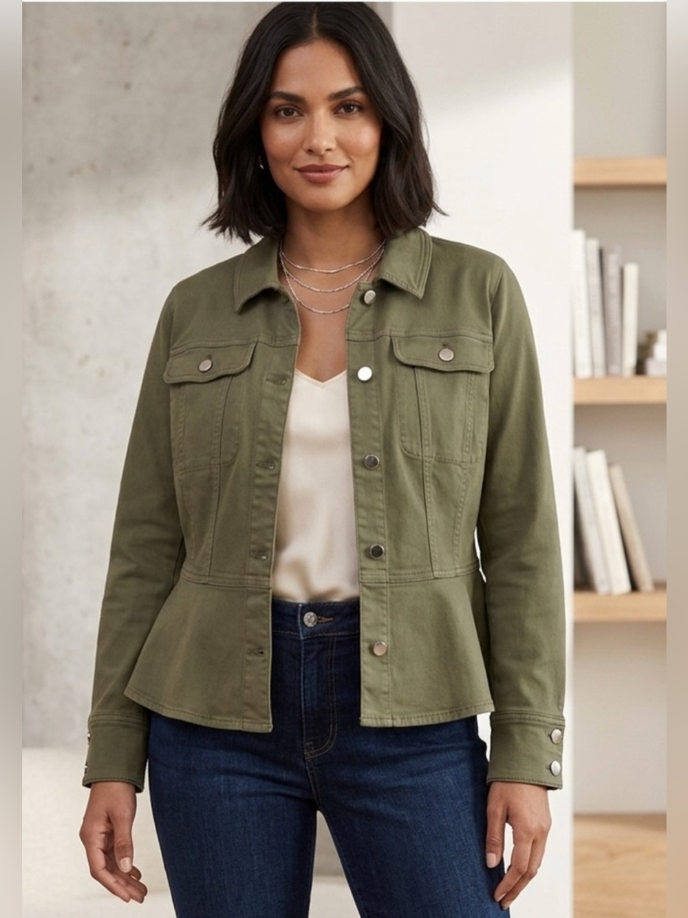 White House Black Market Olive Green Peplum Utility Moto Jacket Size Large - Picture 1 of 8
